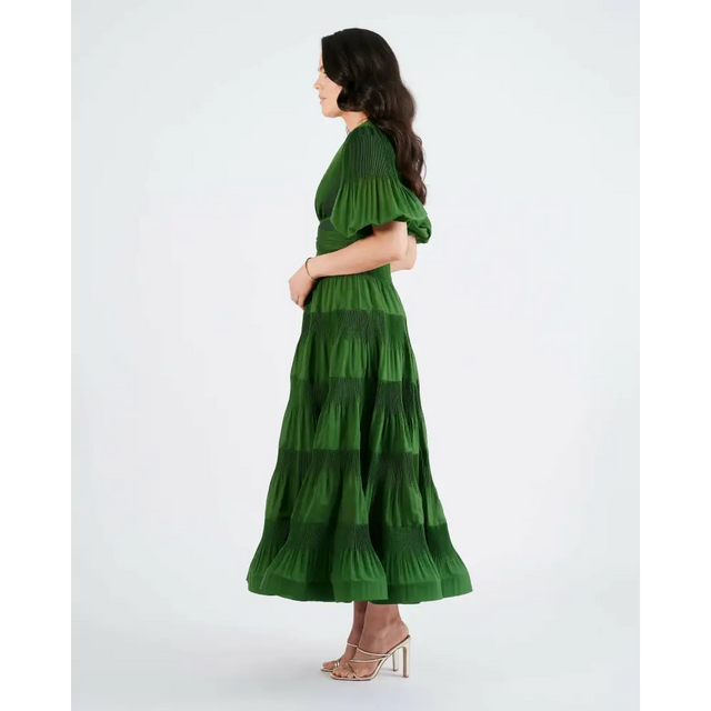 Zimmermann Pleated Tiered Twill Midi Dress Green Size 3 / AU 14 - 14 / Green - Dresses