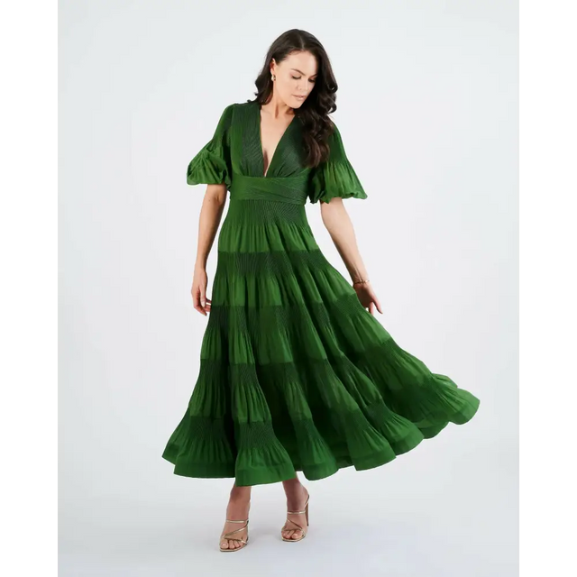 Zimmermann Pleated Tiered Twill Midi Dress Green Size 3 / AU 14 - 14 / Green - Dresses