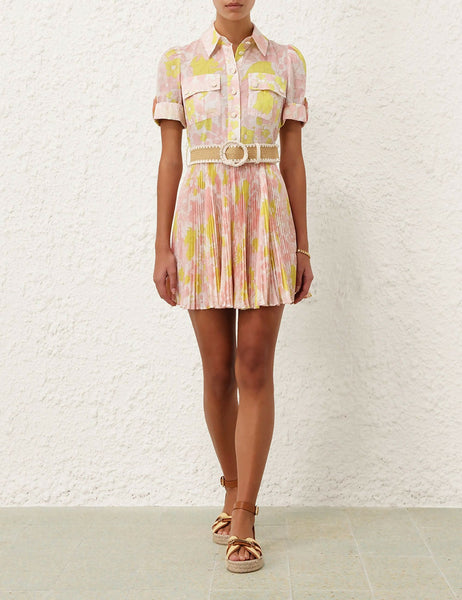 knee length dresses for ladies Zimmermann Pop Pleated Mini Dress in Pink/Yellow Floral