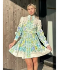 Zimmermann Raie Buttoned Mini Dress Teal/Blue Floral Size 1 & Size 3 - Dresses