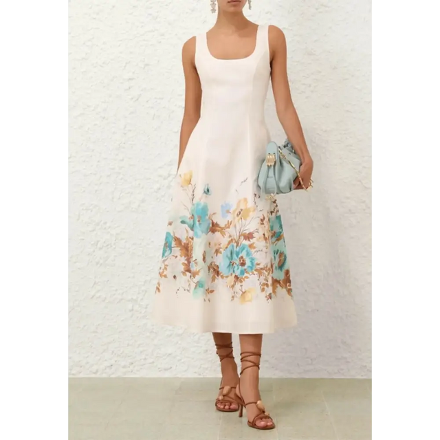 Zimmermann Scarborough Midi Dress in Cream/Teal Floral - 12 / Print - Dresses
