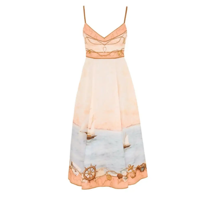 Zimmermann Scarborough Picnic Midi Dress in Peach Nautical Map - 12 / Print - Dresses