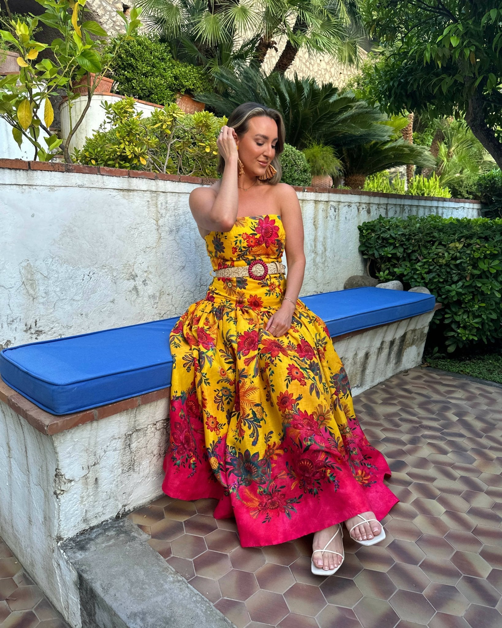 Zimmermann The Ginger Strapless Midi Dress in Pink/Yellow Floral