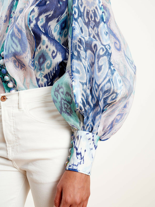 Zimmermann The Glassy Long Sleeve Blouse Spliced Blue Ikat Size 1 / AU 10 - 10 / Blue - Tops