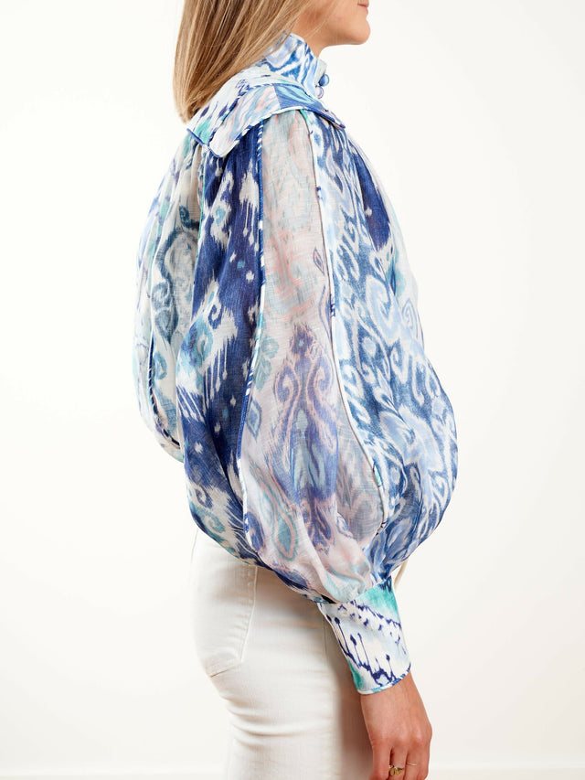 Zimmermann The Glassy Long Sleeve Blouse Spliced Blue Ikat Size 1 / AU 10 - 10 / Blue - Tops