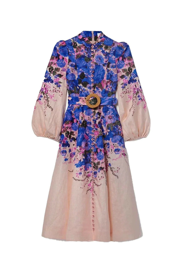 Zimmermann the High Tide Buttoned Midi Dress in Purple Ikat Floral Size 3/AU 14 - 14 / Floral - Dresses