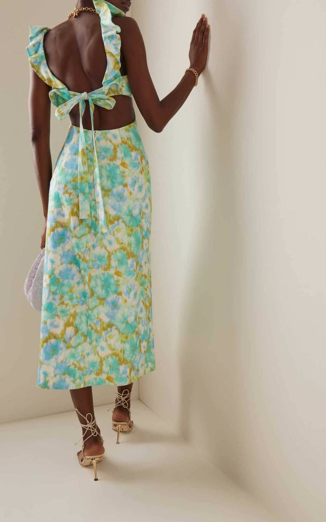 Zimmermann - Zimmermann The High Tide Frilled Midi in Aqua Ikat Floral