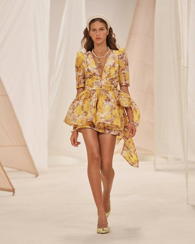 Nikki H - Zimmermann The High Tide Peplum Mini in Yellow Ikat Floral