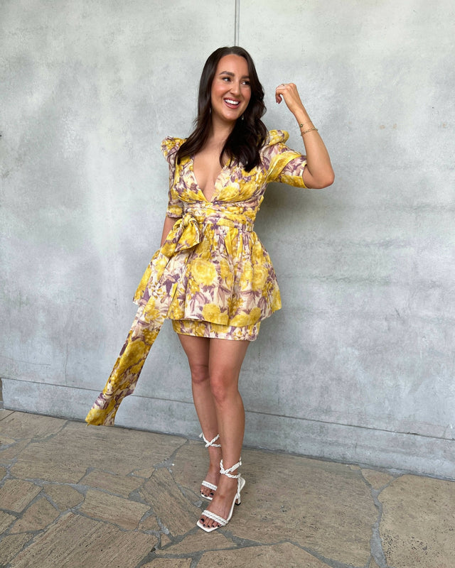 Nikki H - Zimmermann The High Tide Peplum Mini in Yellow Ikat Floral