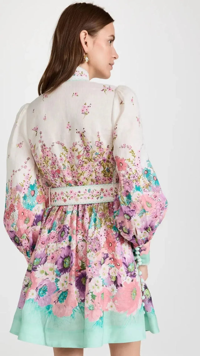 Zimmermann The Jude Buttoned Mini Dress in Aqua Gradient Flora Size 0/AU 8 - 8 / Floral - Dresses