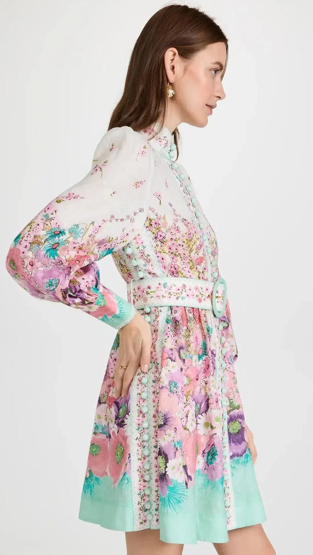 Zimmermann The Jude Buttoned Mini Dress in Aqua Gradient Flora Size 0/AU 8 - 8 / Floral - Dresses