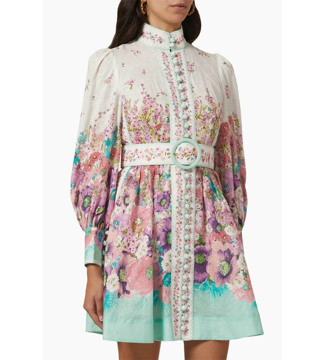 Zimmermann The Jude Buttoned Mini Dress in Aqua Gradient Flora Size 0/AU 8 - 8 / Floral - Dresses