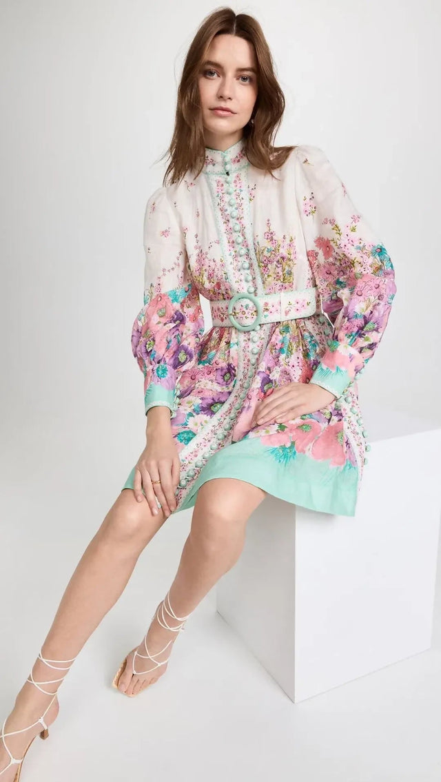 Zimmermann The Jude Buttoned Mini Dress in Aqua Gradient Flora Size 0/AU 8 - 8 / Floral - Dresses