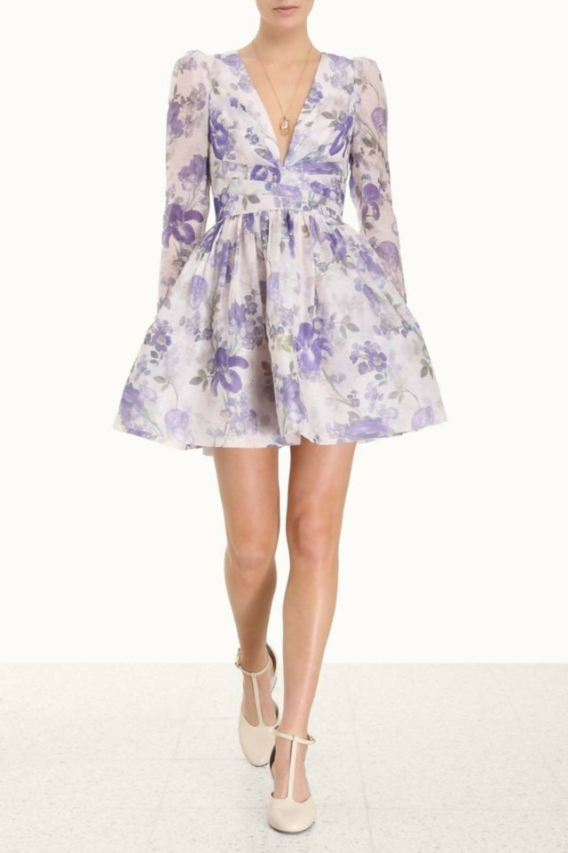 Zimmermann The Lyrical Cross Over Mini in Blue Iris Cream Size 0/ AU 8 - 8 / Print - Dresses