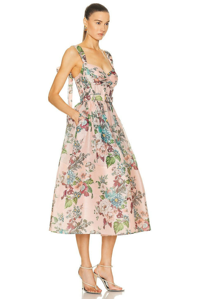 Zimmermann - Zimmermann the Matchmaker Midi Dress in Pink Barkcloth Print Size 1/AU 8-10