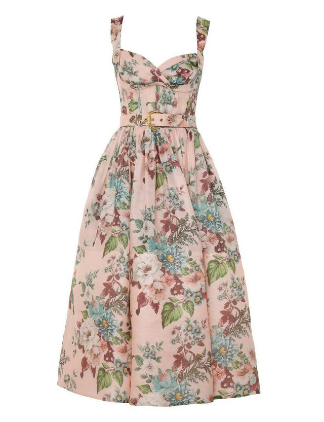 Zimmermann - Zimmermann the Matchmaker Midi Dress in Pink Barkcloth Print Size 1/AU 8-10