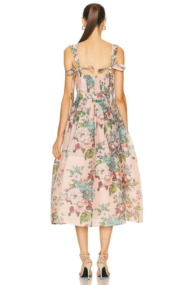 Zimmermann - Zimmermann the Matchmaker Midi Dress in Pink Barkcloth Print Size 1/AU 8-10