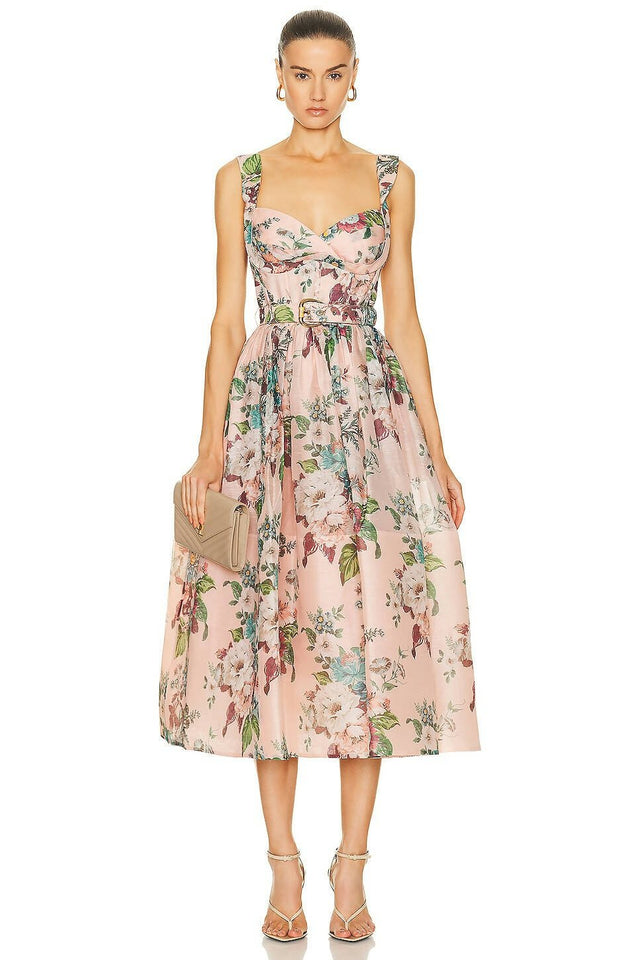 Zimmermann - Zimmermann the Matchmaker Midi Dress in Pink Barkcloth Print Size 1/AU 8-10