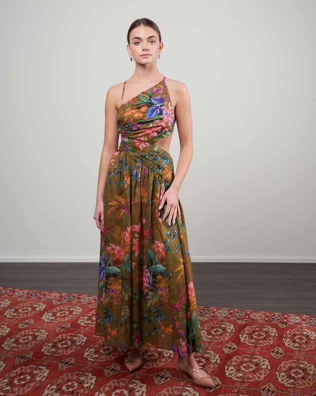 Zimmermann Tropicana Asymmetric Dress Khaki Floral Size 10 12 - Dresses