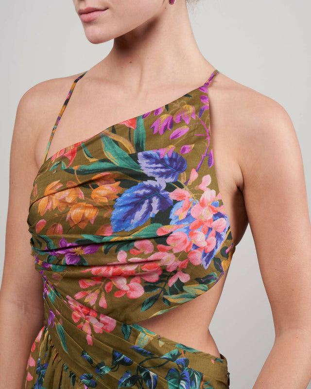 Zimmermann Tropicana Asymmetric Dress Khaki Floral Size 10 12 - Dresses