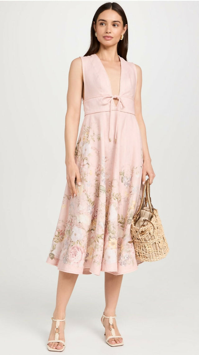 Zimmermann Waverly Plunge Floral Pink Midi Dress Size 2 (10-12)