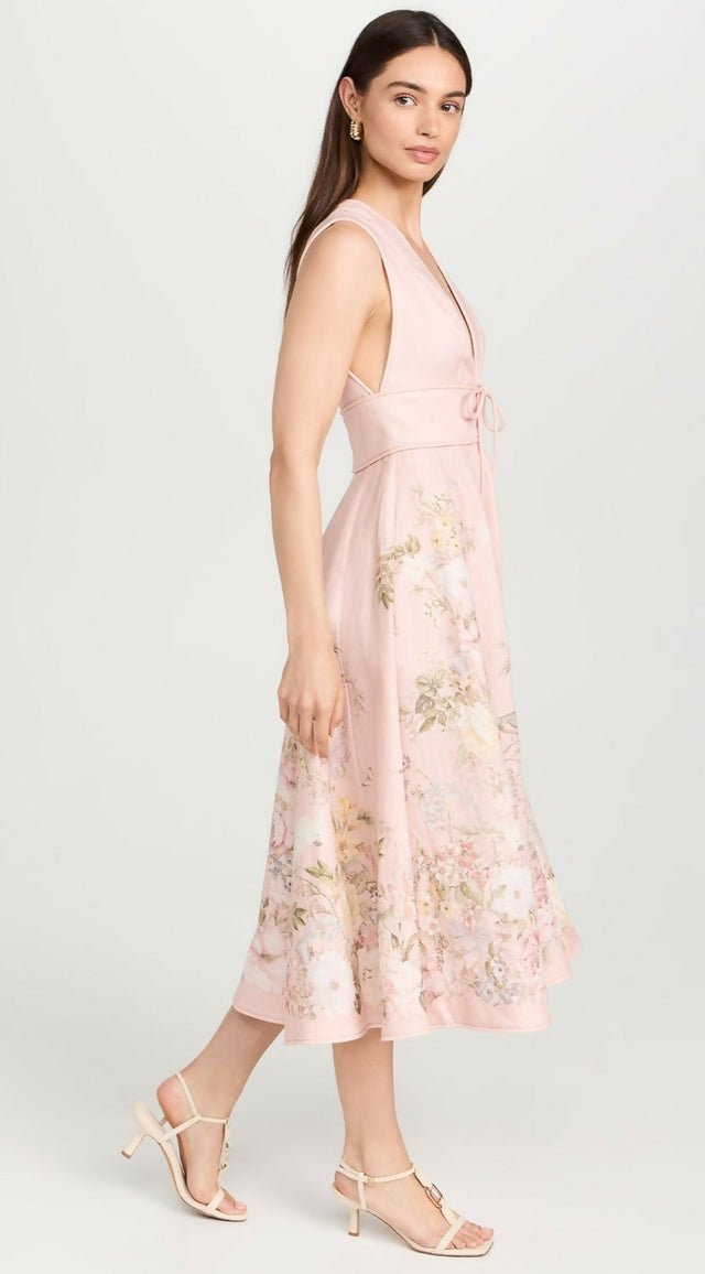 knee length dresses for ladies Zimmermann Rosa Midi Dress Pink Floral Print Linen Size 0 – Celebrity Owned