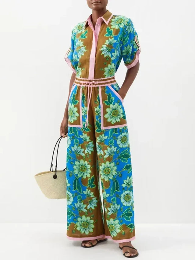 Alemais Winnie Floral Spliced Blue Brown Shirt and Pant Two Piece Set Floral