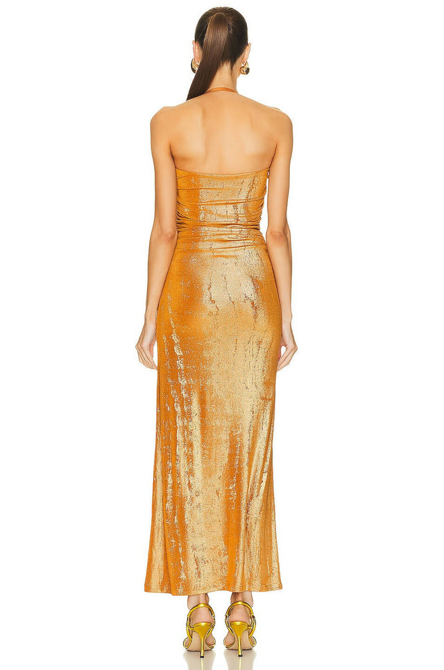 Diesel Ruched Halter Neck Dress in Gold