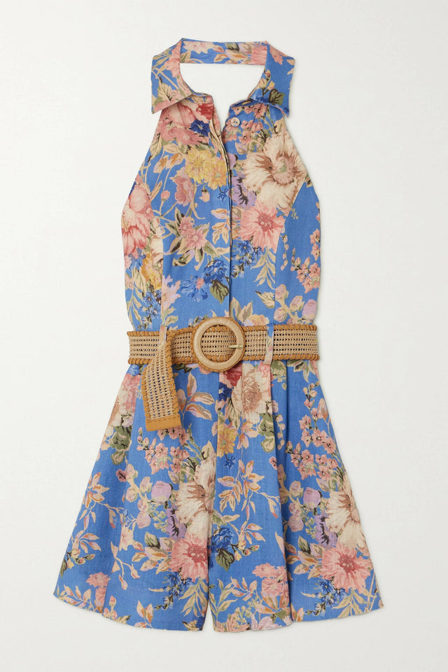 Zimmermann Netaporter Exclusive August Belted Floral-Print Linen Halterneck Playsuit