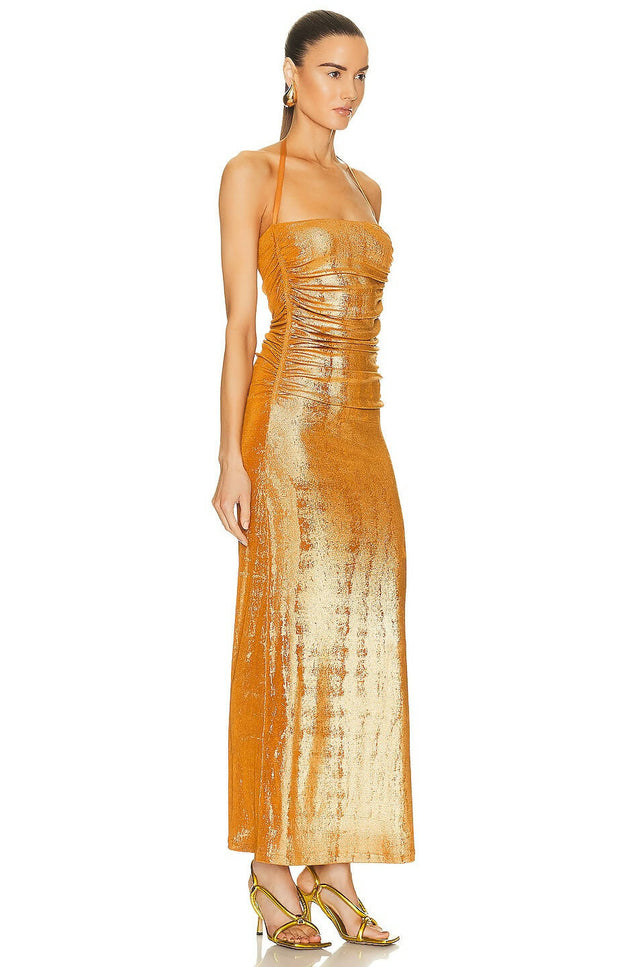 Diesel Ruched Halter Neck Dress in Gold