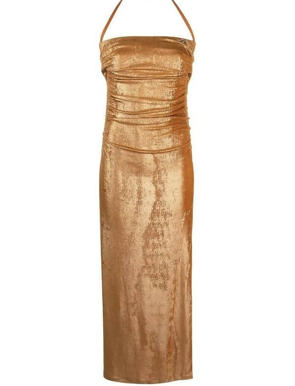 Diesel Ruched Halter Neck Dress in Gold