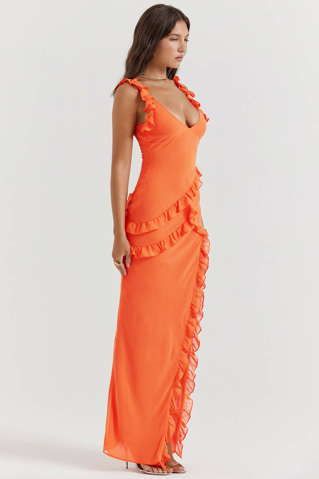 House of CB - House of Cb Pixie Ruffle Maxi Dress in Flame Orange