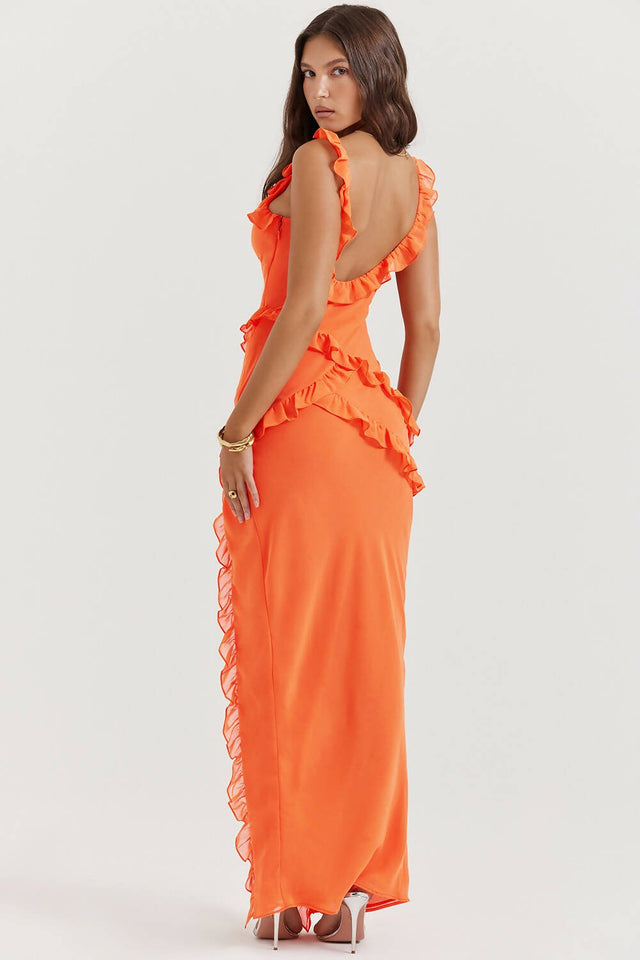 House of CB - House of Cb Pixie Ruffle Maxi Dress in Flame Orange