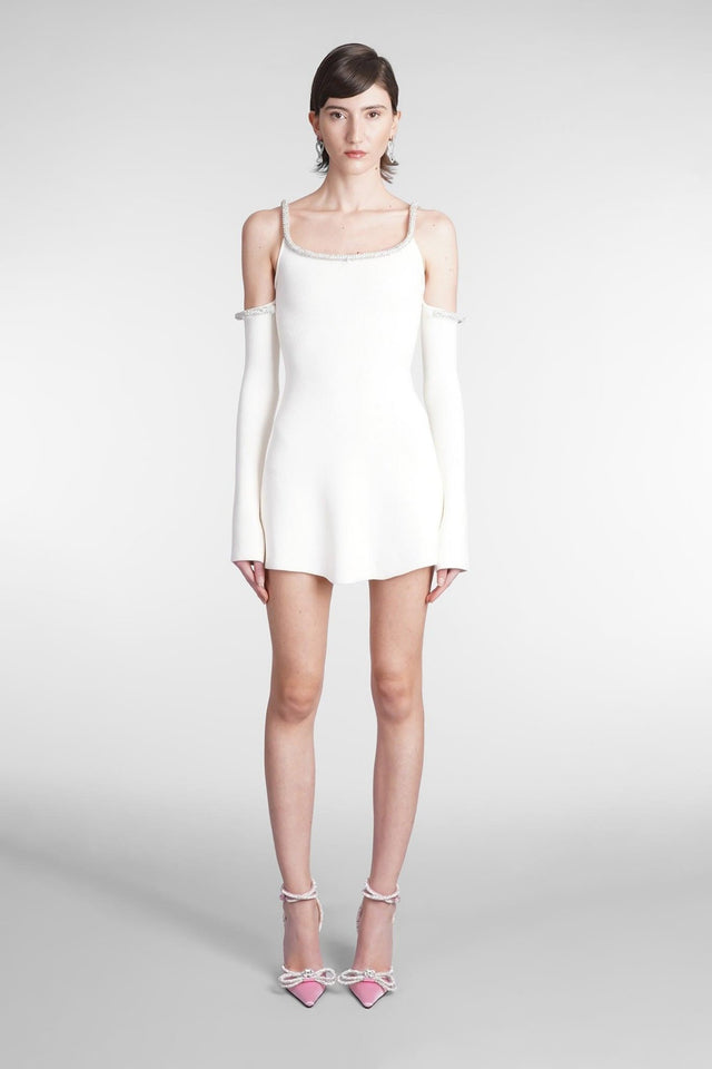 Mach & Mach Cream Crystal Embellished Long Sleeve Mini Dress - Passion For Fashion 