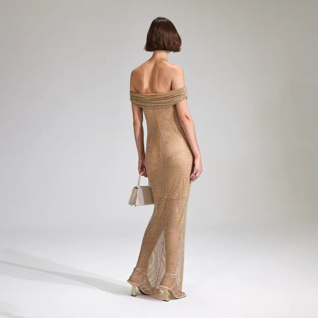 Self Portrait - Self Portrait Tan Rhinestone Off Shoulder Fishnet Maxi Dress