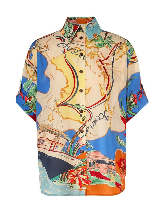 Zimmermann - Zimmermann Alight Short Sleeve Shirt and Draw Waist Short in Nautical Map