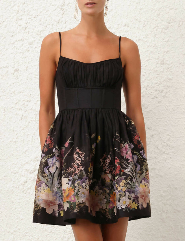 Zimmermann - Zimmermann Natura Ruched Mini Dress in Black Wild Flowers